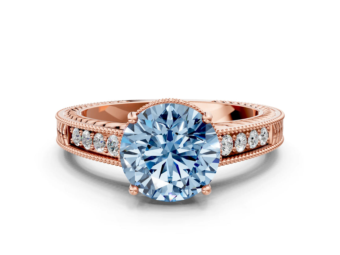 Rose gold Fancy Blue Round Cut Cut Diamond Milgrain Pave Band Four-Prong Setting Ring_3