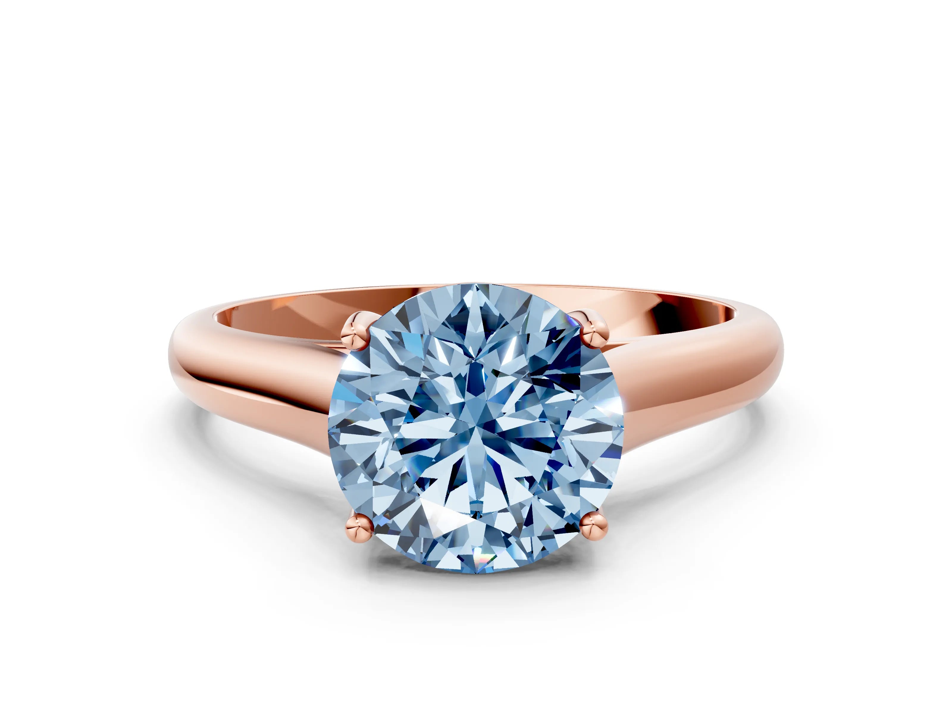 Rose gold Fancy Blue Round Cut Cut Diamond Solitaire Engagement Ring with Tapered Plain Band and Four-Prong Setting