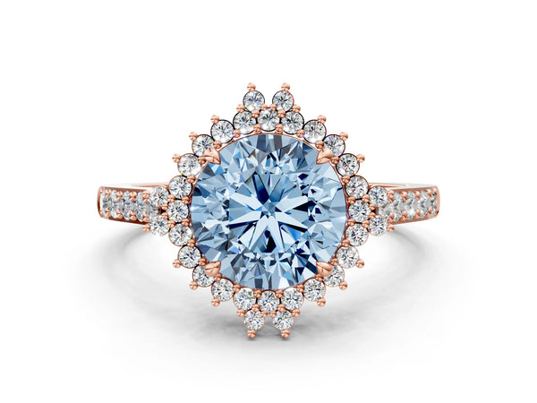 Rose gold Fancy Blue Round Cut Cut Diamond Sunburst Halo Engagement Ring with Pavé Band