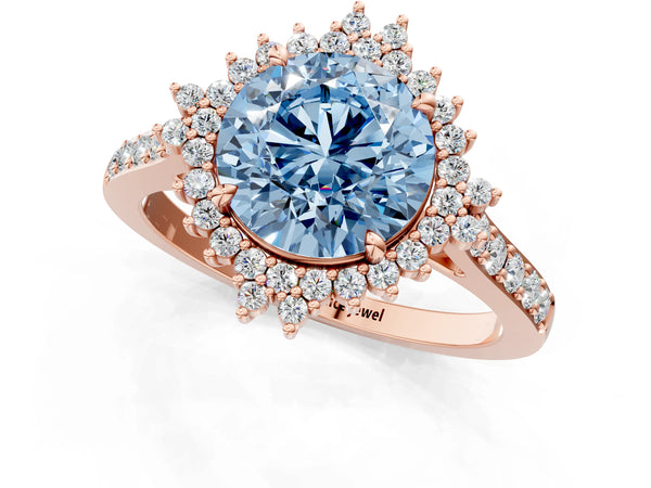 Rose gold Fancy Blue Round Cut Cut Diamond Sunburst Halo Engagement Ring with Pavé Band