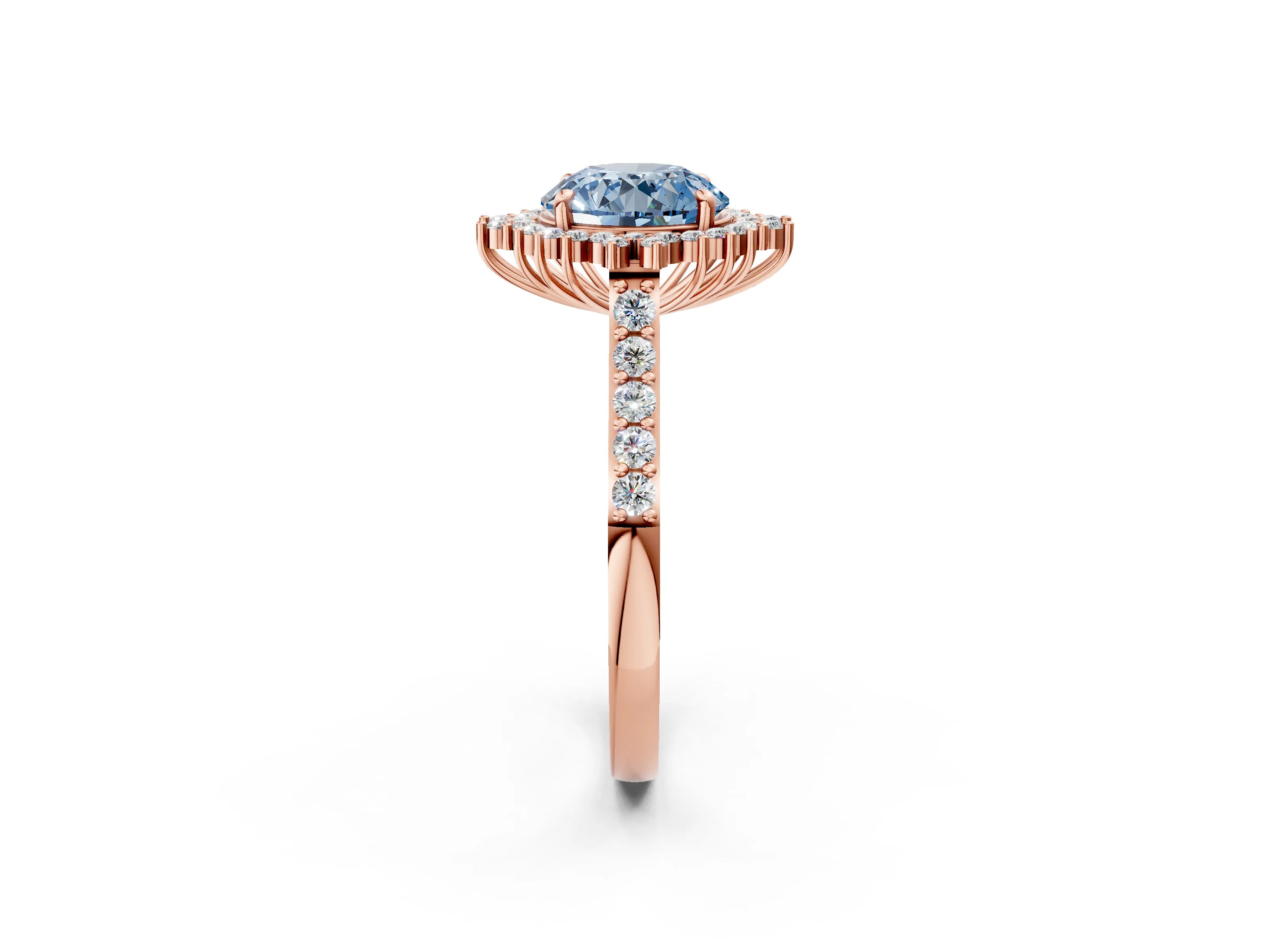 Rose gold Fancy Blue Round Cut Cut Diamond Sunburst Halo Engagement Ring with Pavé Band_2