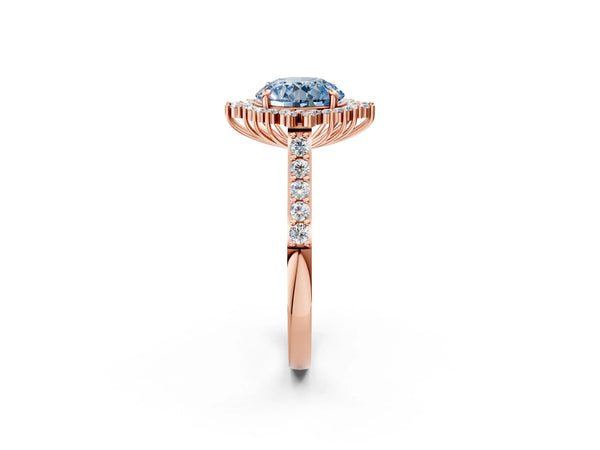 Rose gold Fancy Blue Round Cut Cut Diamond Sunburst Halo Engagement Ring with Pavé Band