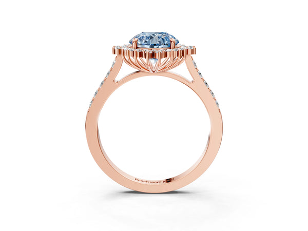 Rose gold Fancy Blue Round Cut Cut Diamond Sunburst Halo Engagement Ring with Pavé Band