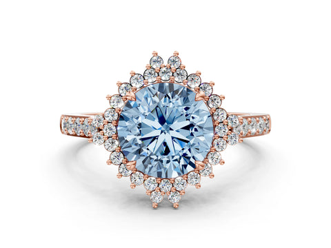 Rose gold Fancy Blue Round Cut Cut Diamond Sunburst Halo Engagement Ring with Pavé Band