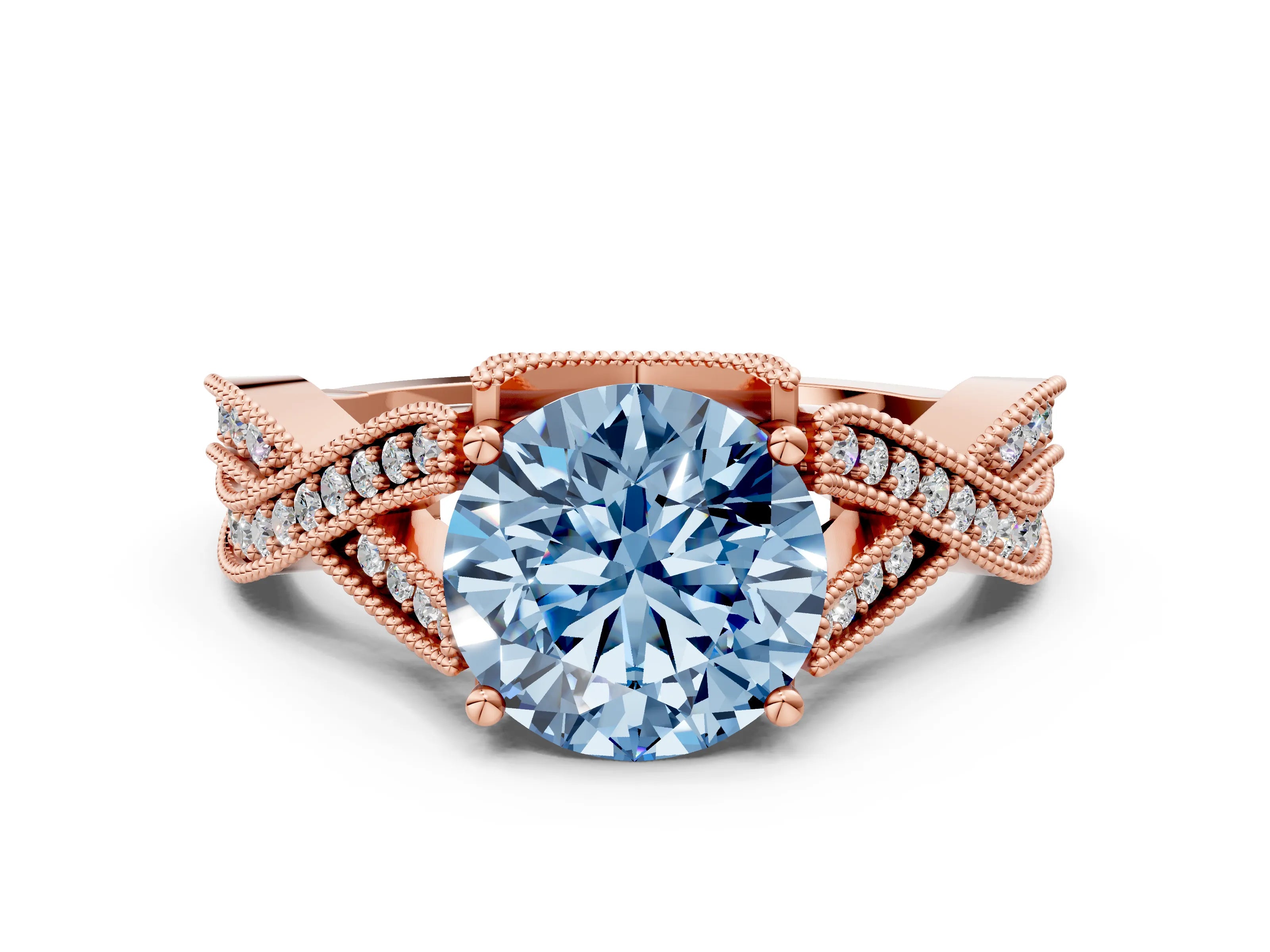 Rose gold Fancy Blue Round Cut Cut Diamond Twisted Band with Milgrain Pave Setting and Four-Prong Setting