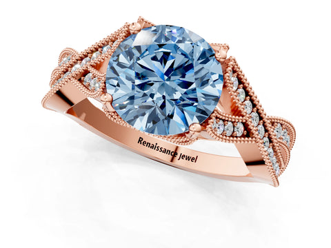 Rose gold Fancy Blue Round Cut Cut Diamond Twisted Band with Milgrain Pave Setting and Four-Prong Setting_1
