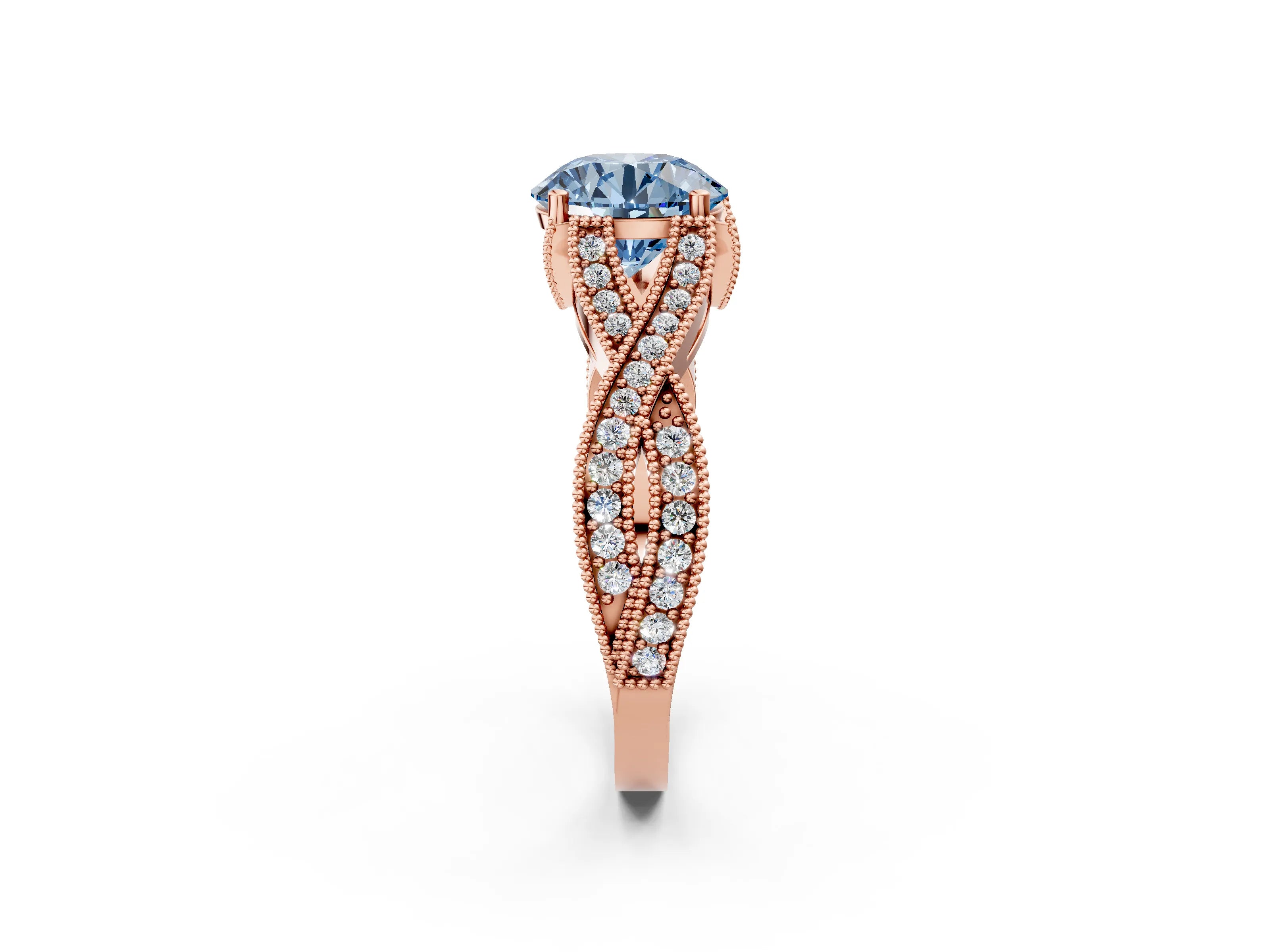 Rose gold Fancy Blue Round Cut Cut Diamond Twisted Band with Milgrain Pave Setting and Four-Prong Setting_2