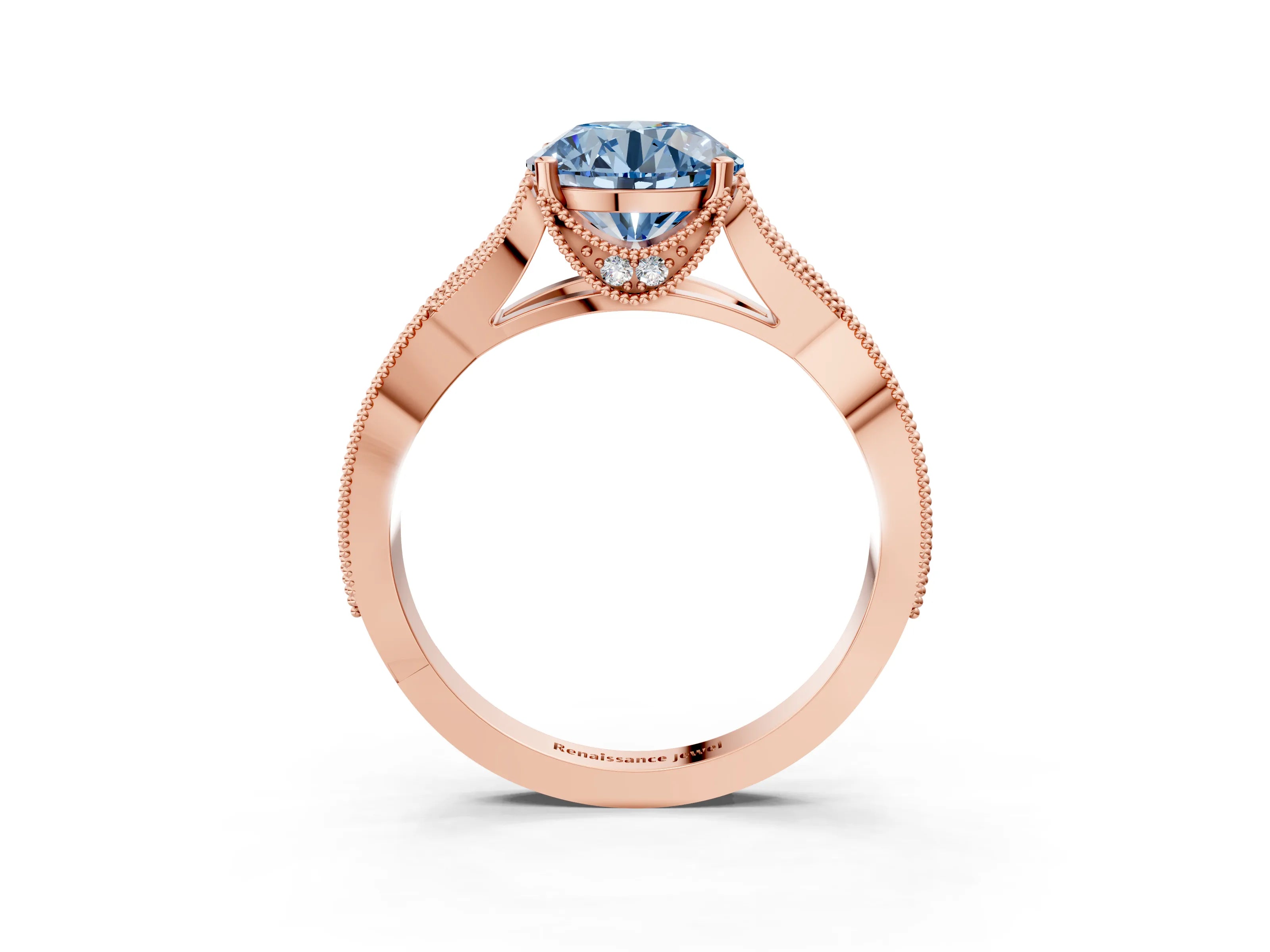 Rose gold Fancy Blue Round Cut Cut Diamond Twisted Band with Milgrain Pave Setting and Four-Prong Setting_3