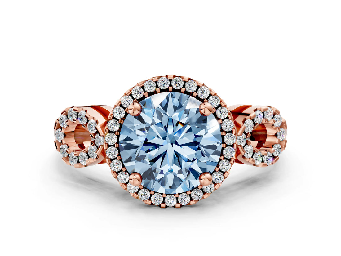 Rose gold Fancy Blue Round Cut Cut Halo Diamond Infinity Band with Four-Prong Setting