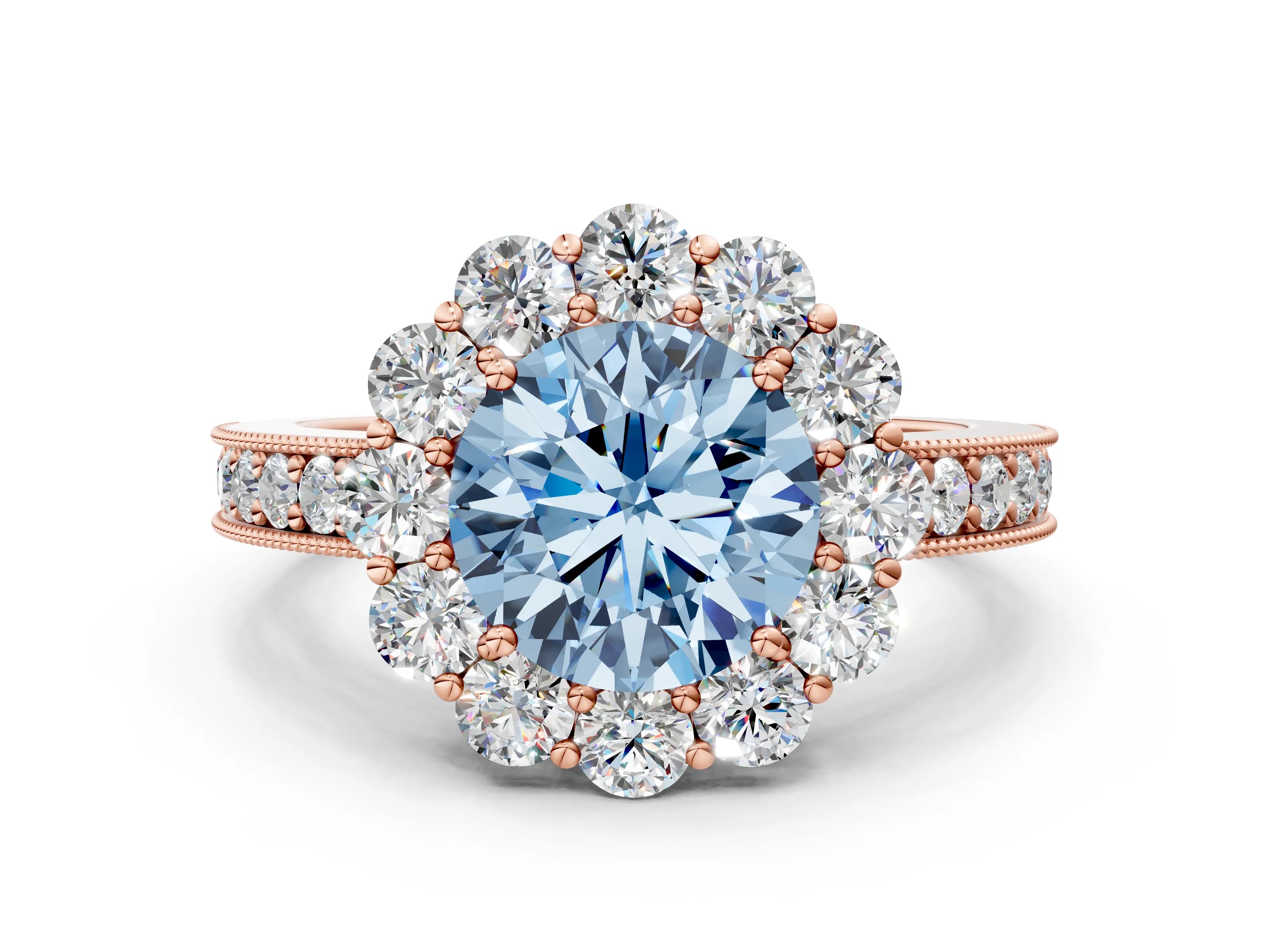 Rose gold Fancy Blue Round Cut Cut Halo Diamond Pavé Engagement Ring with Milgrain Detailing