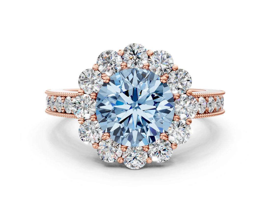 Rose gold Fancy Blue Round Cut Cut Halo Diamond Pavé Engagement Ring with Milgrain Detailing