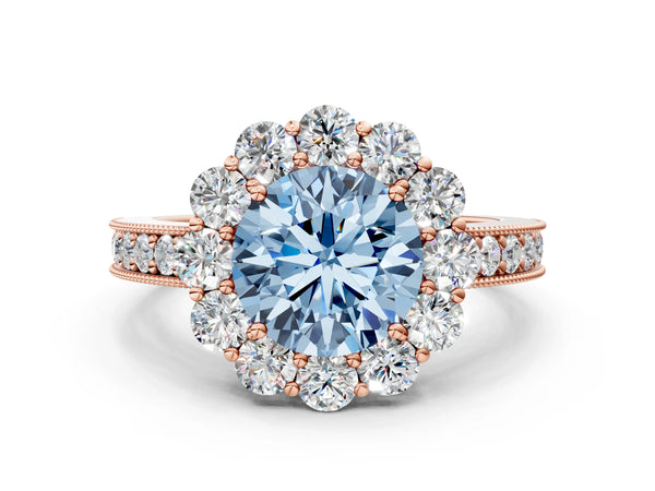 Rose gold Fancy Blue Round Cut Cut Halo Diamond Pavé Engagement Ring with Milgrain Detailing