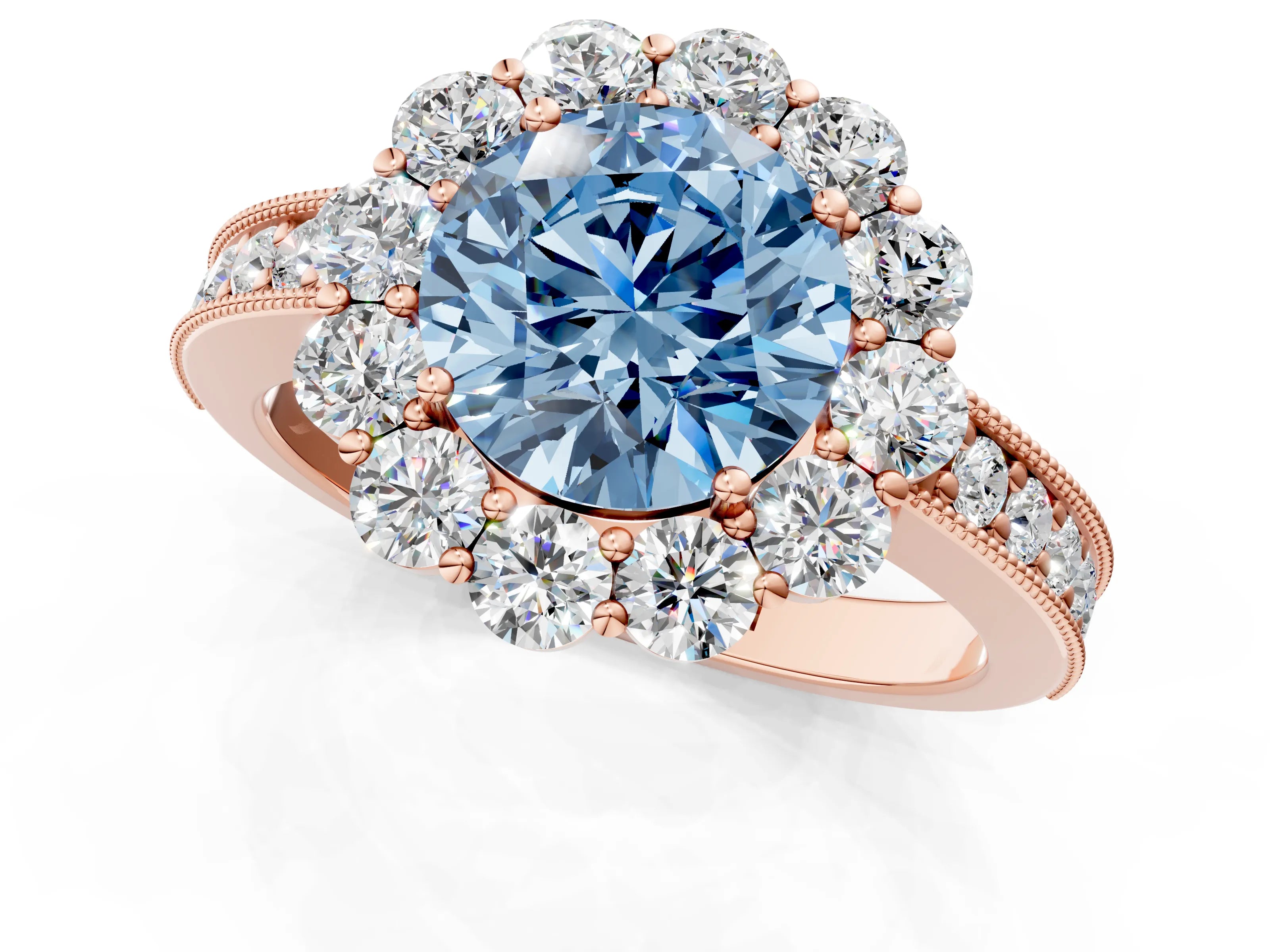 Rose gold Fancy Blue Round Cut Cut Halo Diamond Pavé Engagement Ring with Milgrain Detailing_1