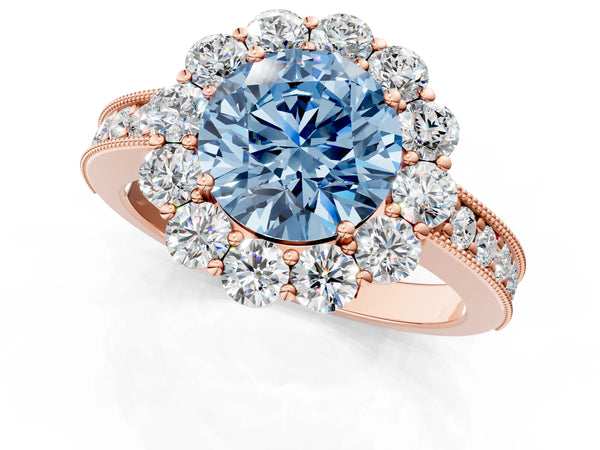 Rose gold Fancy Blue Round Cut Cut Halo Diamond Pavé Engagement Ring with Milgrain Detailing