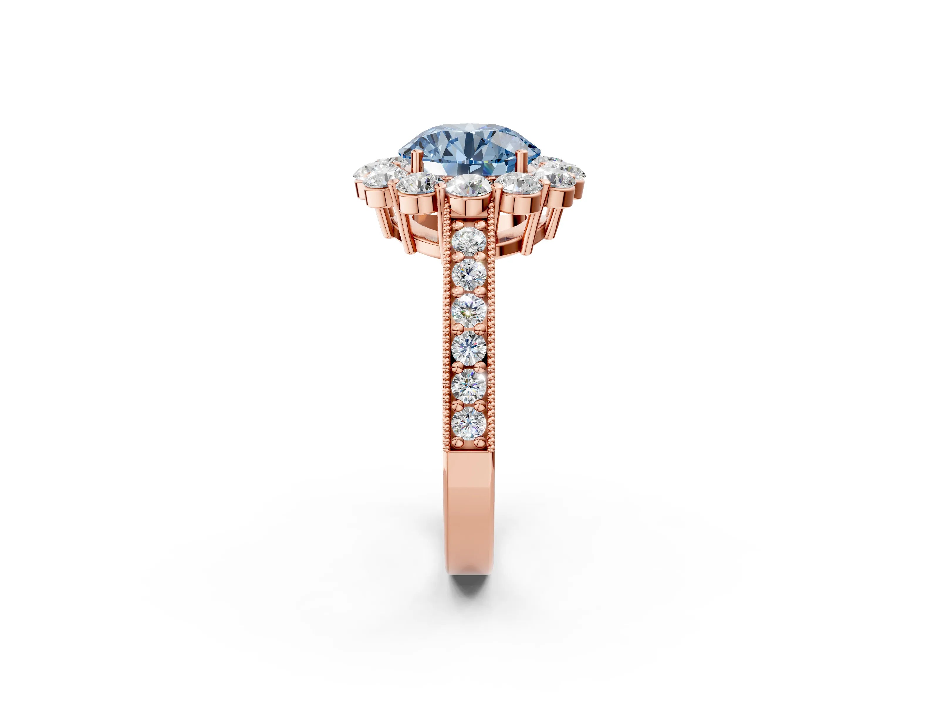 Rose gold Fancy Blue Round Cut Cut Halo Diamond Pavé Engagement Ring with Milgrain Detailing_2