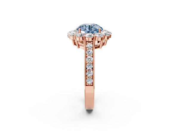 Rose gold Fancy Blue Round Cut Cut Halo Diamond Pavé Engagement Ring with Milgrain Detailing