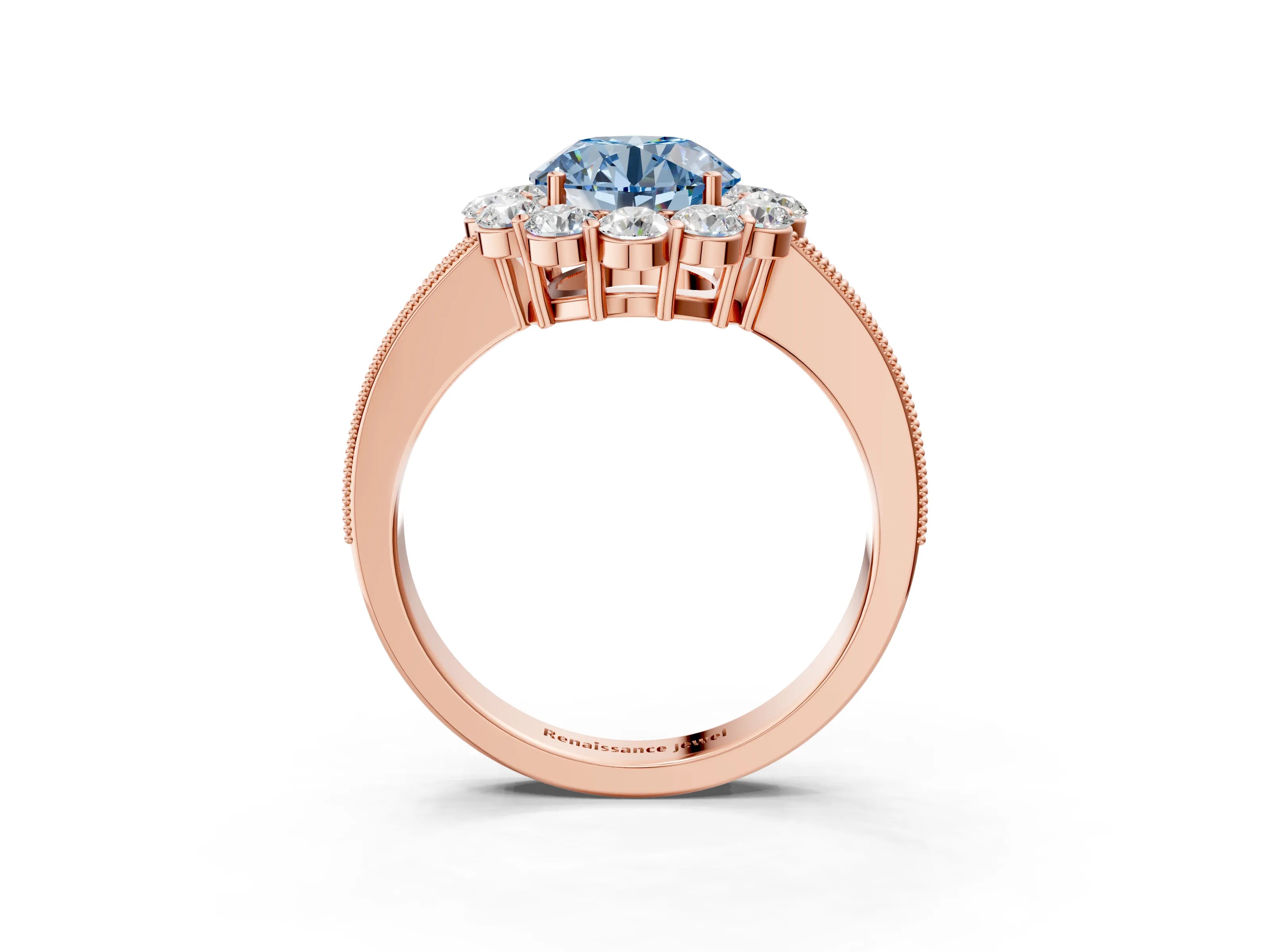 Rose gold Fancy Blue Round Cut Cut Halo Diamond Pavé Engagement Ring with Milgrain Detailing_3