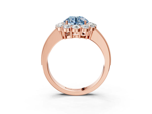 Rose gold Fancy Blue Round Cut Cut Halo Diamond Pavé Engagement Ring with Milgrain Detailing