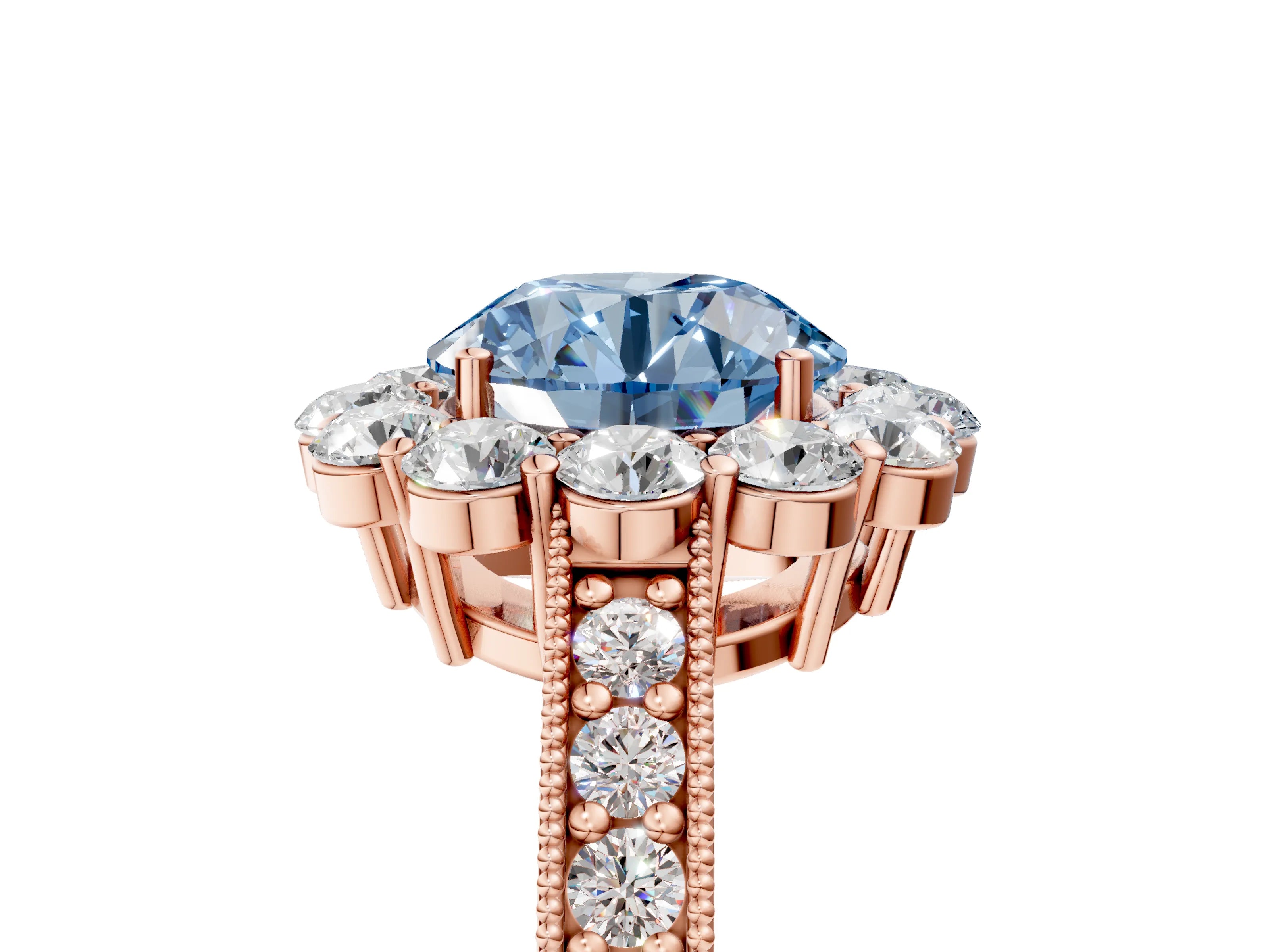 Rose gold Fancy Blue Round Cut Cut Halo Diamond Pavé Engagement Ring with Milgrain Detailing_5