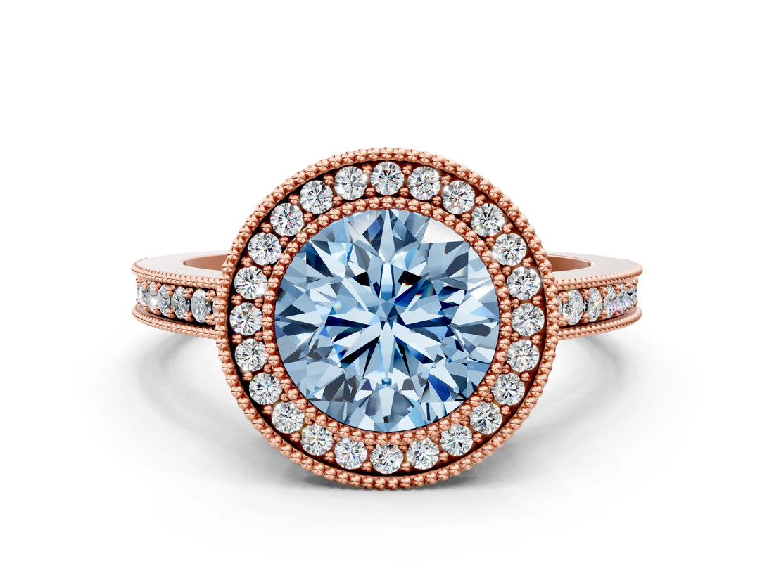 Rose gold Fancy Blue Round Cut Cut Halo Pavé Diamond Ring