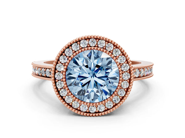 Rose Gold Round Double Milgrain Halo Engagement Ring Setting for Fancy Blue Center