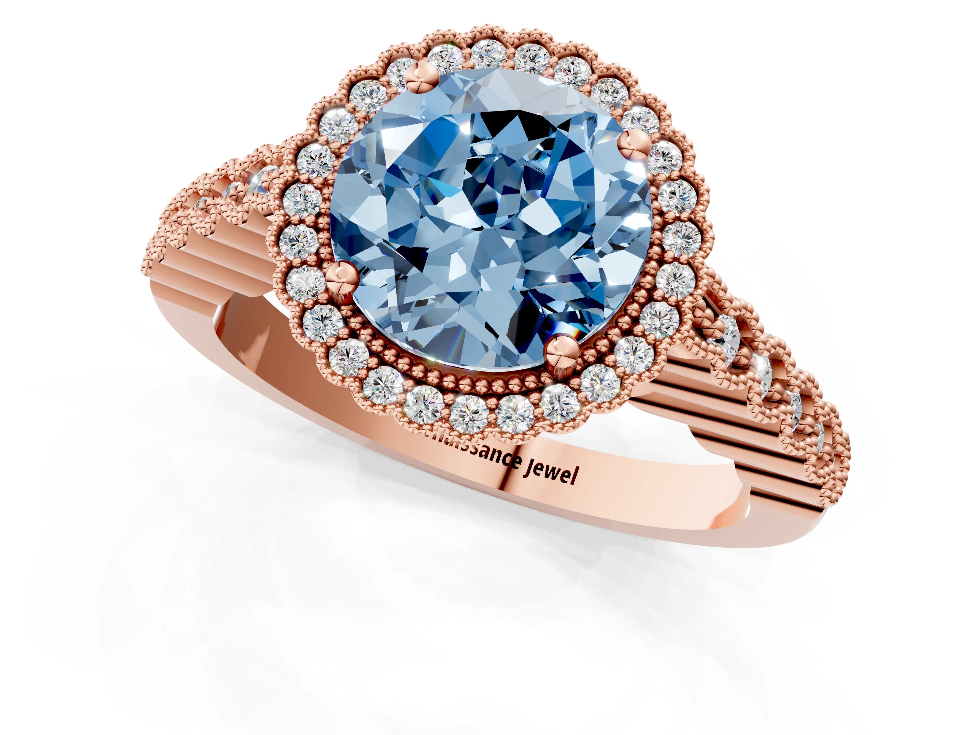 Rose gold Fancy Blue Round Cut Cut Halo Pavé Solitaire Ring with Milgrain Band_1