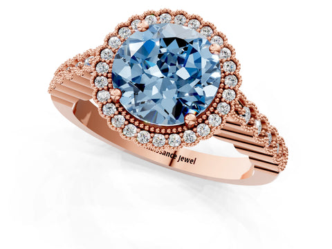 Rose gold Fancy Blue Round Cut Cut Halo Pavé Solitaire Ring with Milgrain Band_1