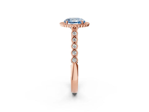 Rose gold Fancy Blue Round Cut Cut Halo Pavé Solitaire Ring with Milgrain Band_2