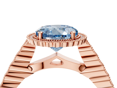 Rose gold Fancy Blue Round Cut Cut Halo Pavé Solitaire Ring with Milgrain Band_4