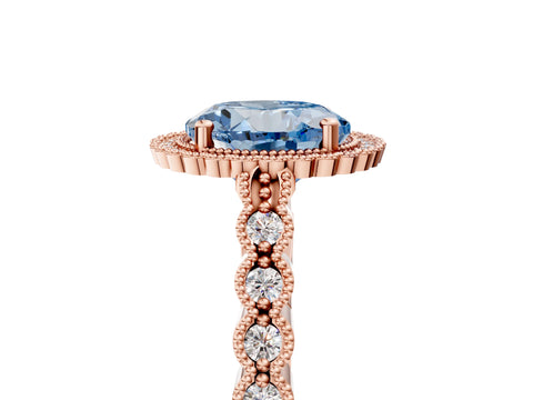Rose gold Fancy Blue Round Cut Cut Halo Pavé Solitaire Ring with Milgrain Band_5