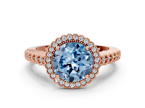 Rose gold Fancy Blue Round Cut Cut Halo Pavé Solitaire Ring with Milgrain Band