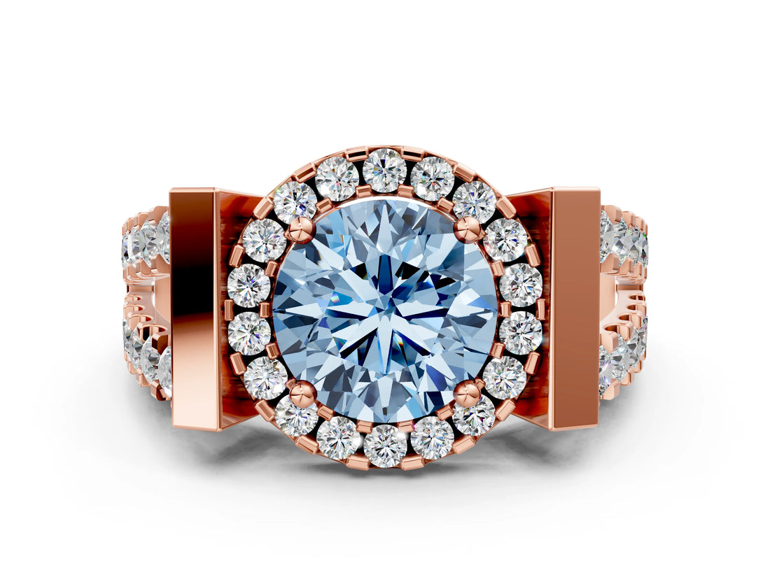 Rose gold Fancy Blue Round Cut Cut Halo Split Shank Prong Set Ring