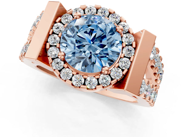 Rose Gold Round Halo Engagement Ring Setting for Fancy Blue Center with Bar Shoulders