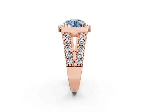 Rose Gold Round Halo Engagement Ring Setting for Fancy Blue Center with Bar Shoulders