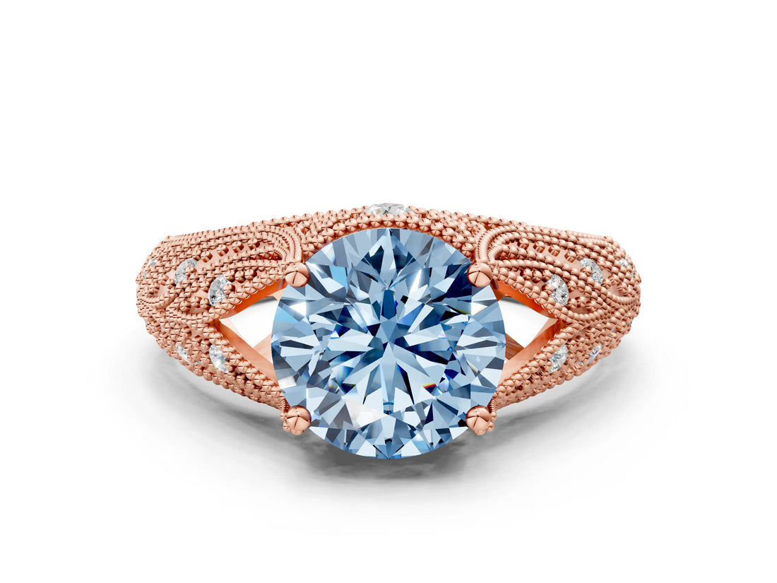 Rose gold Fancy Blue Round Cut Cut Milgrain Pave Diamond Engagement Ring with Four-Prong Setting_3