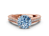 Rose gold Fancy Blue Round Cut Cut Pave Band Milgrain Solitaire Ring