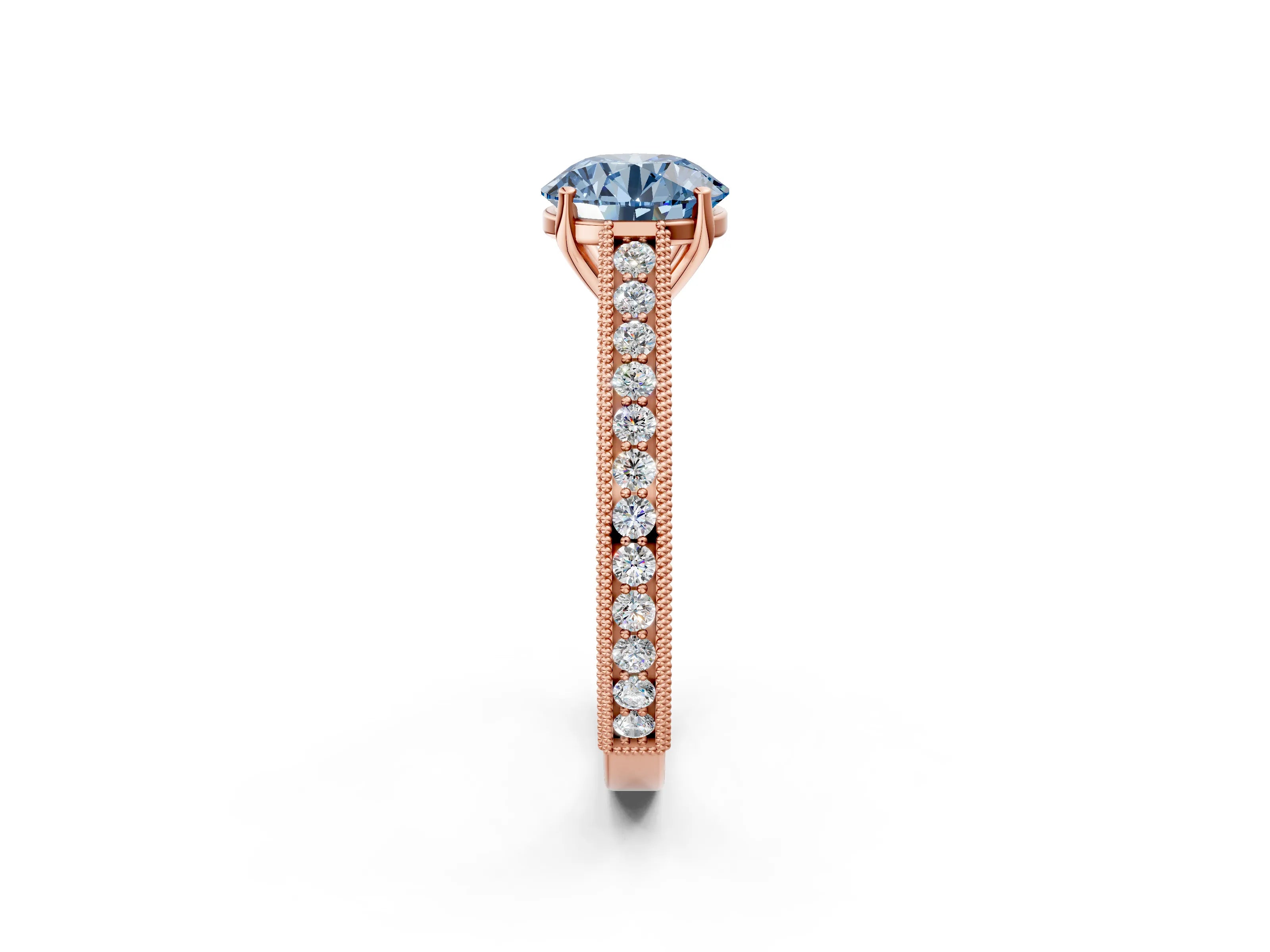 Rose gold Fancy Blue Round Cut Cut Pave Band Milgrain Solitaire Ring_2