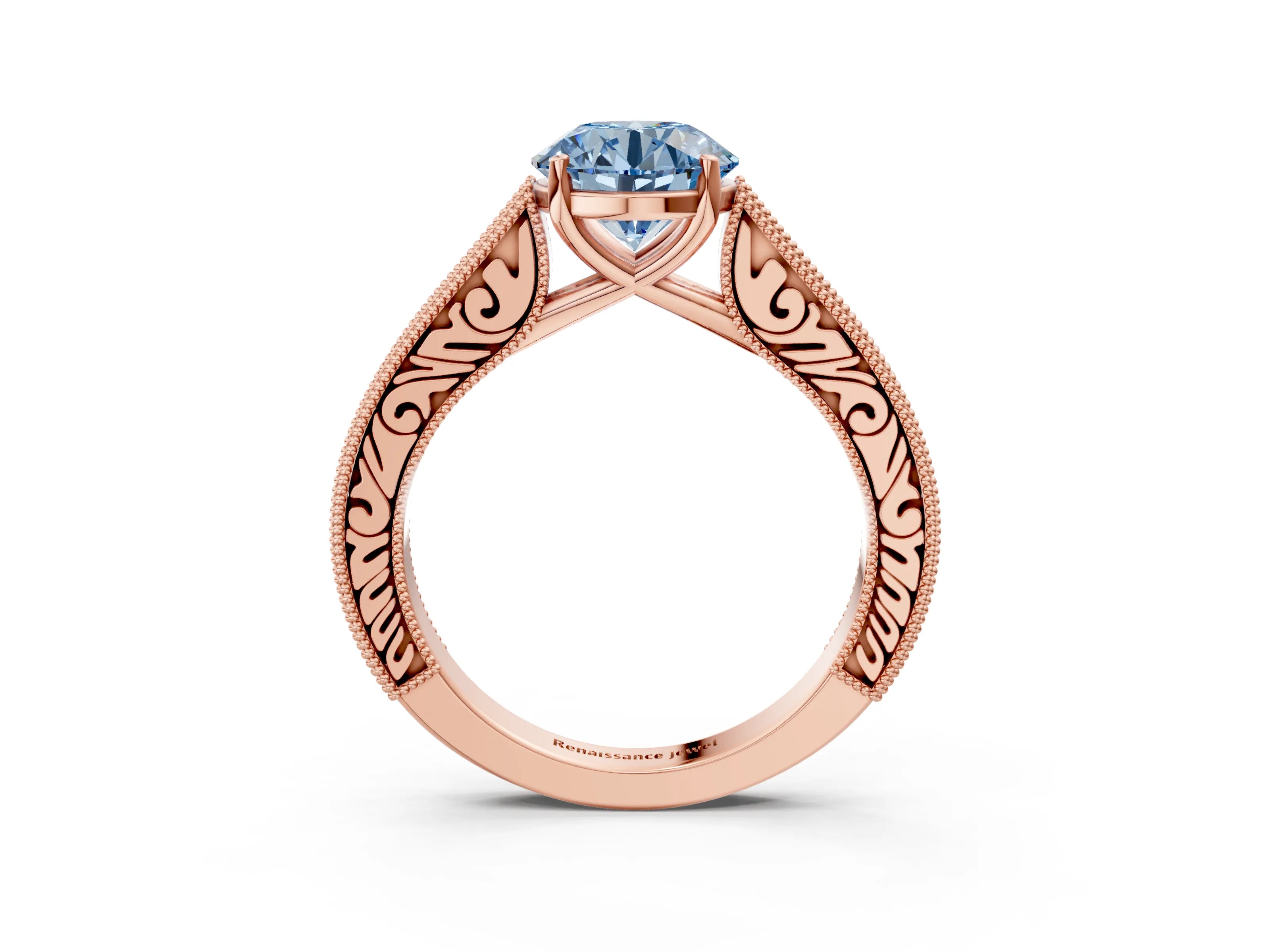 Rose gold Fancy Blue Round Cut Cut Pave Band Milgrain Solitaire Ring_3
