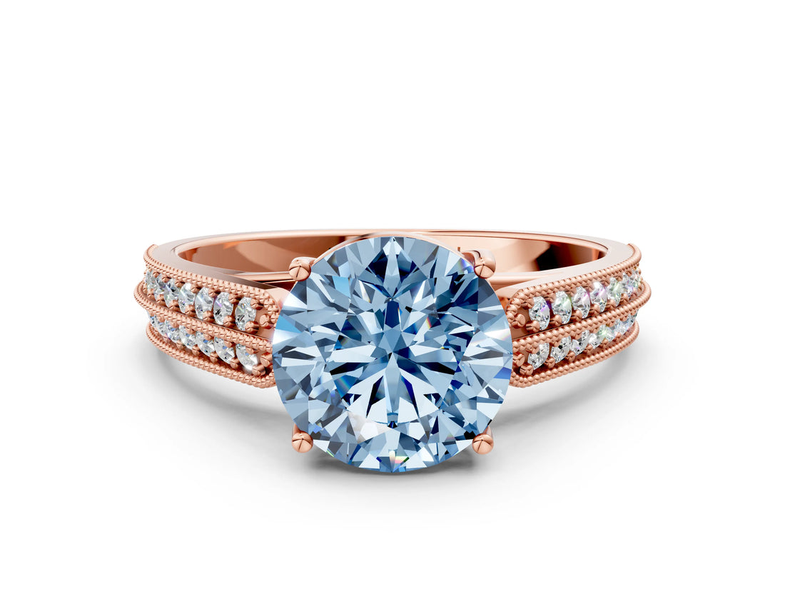 Rose gold Fancy Blue Round Cut Cut Pave Split Shank Engagement Ring with Four-Prong Setting