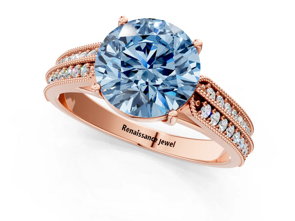 Rose gold Fancy Blue Round Cut Cut Pave Split Shank Engagement Ring with Four-Prong Setting