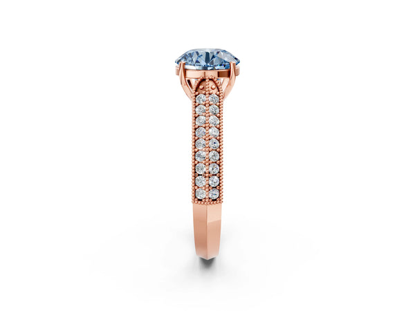 Rose gold Fancy Blue Round Cut Cut Pave Split Shank Engagement Ring with Four-Prong Setting