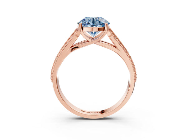 Rose gold Fancy Blue Round Cut Cut Pave Split Shank Engagement Ring with Four-Prong Setting