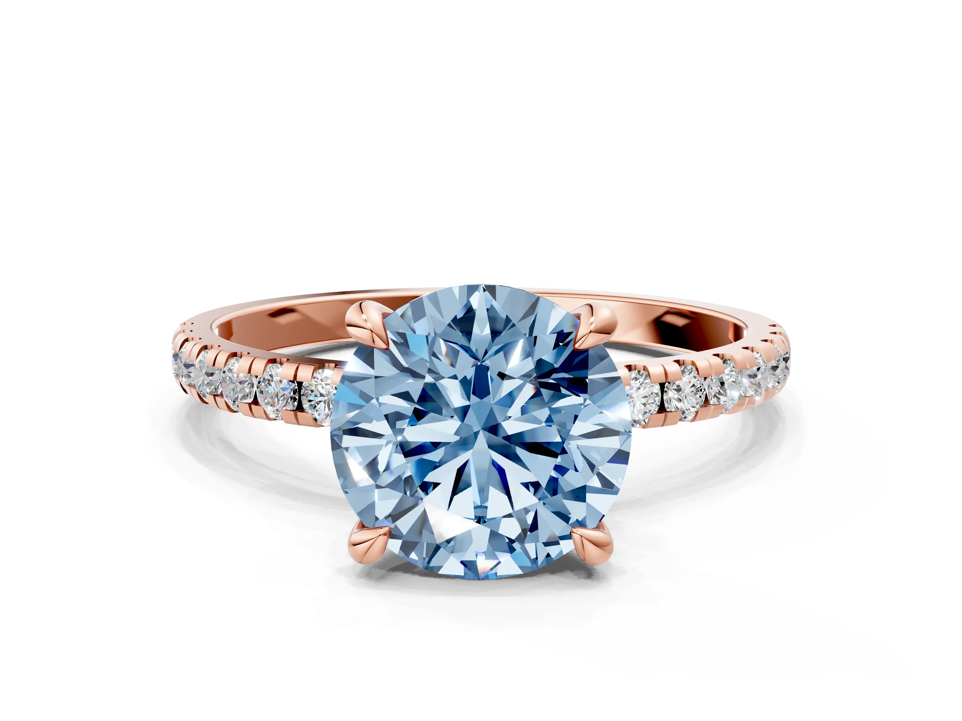 Rose gold Fancy Blue Round Cut Diamond Brilliant Solitaire Ring with Pavé Band and Four-Prong Setting