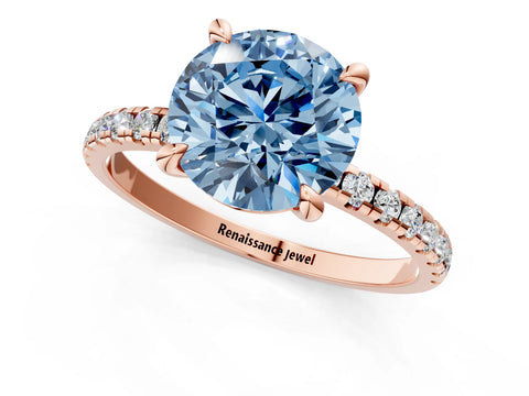 Rose gold Fancy Blue Round Cut Diamond Brilliant Solitaire Ring with Pavé Band and Four-Prong Setting_1