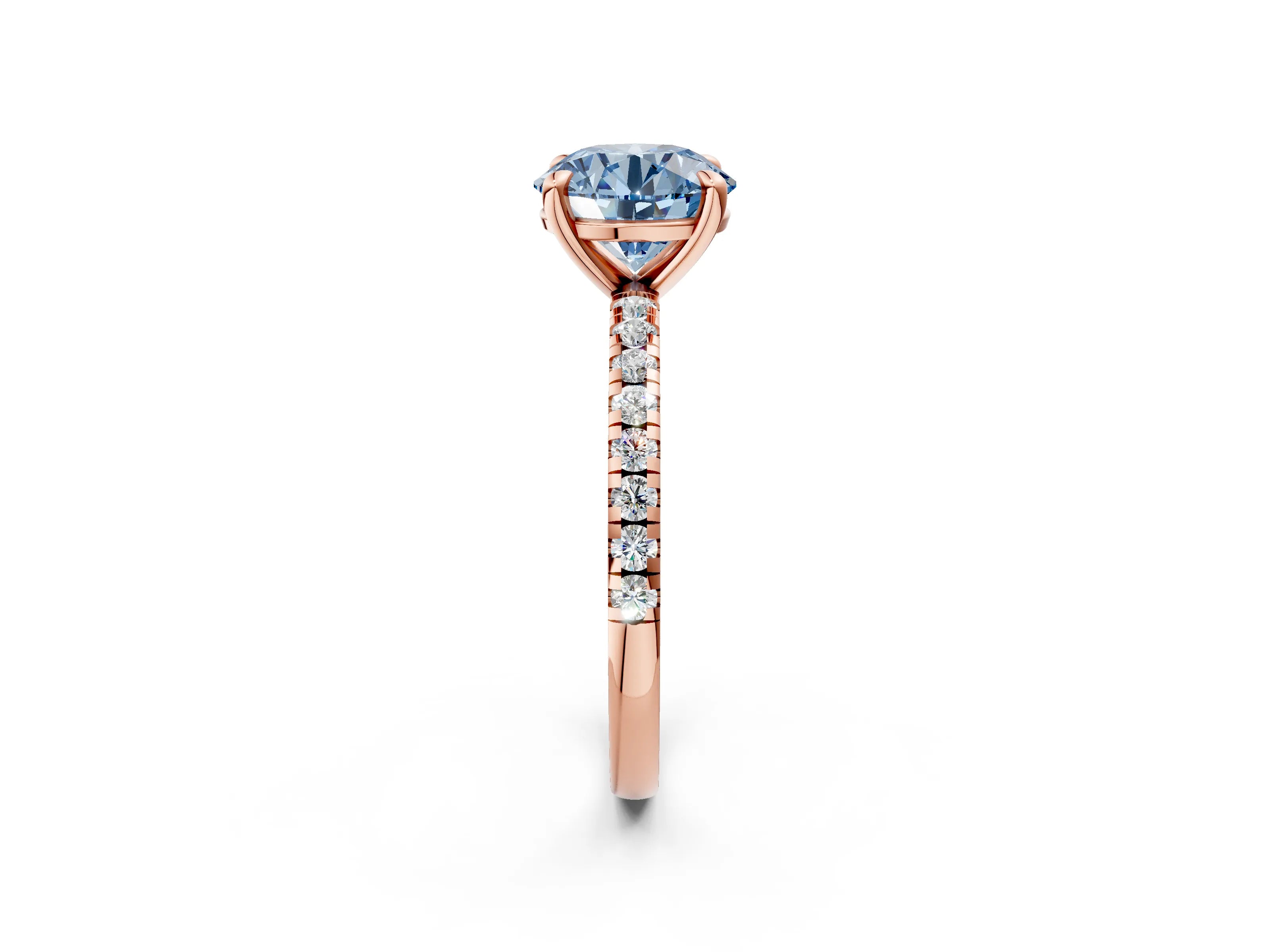 Rose gold Fancy Blue Round Cut Diamond Brilliant Solitaire Ring with Pavé Band and Four-Prong Setting_2