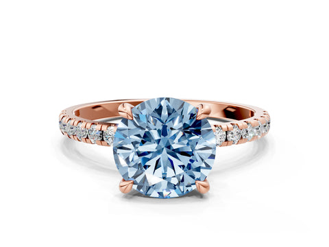 Rose gold Fancy Blue Round Cut Diamond Brilliant Solitaire Ring with Pavé Band and Four-Prong Setting