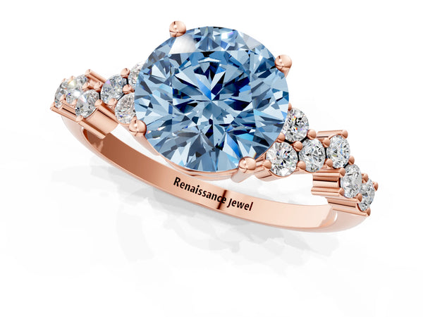 Rose gold Fancy Blue Round Cut Diamond Cluster Pavé Band with Four-Prong Setting