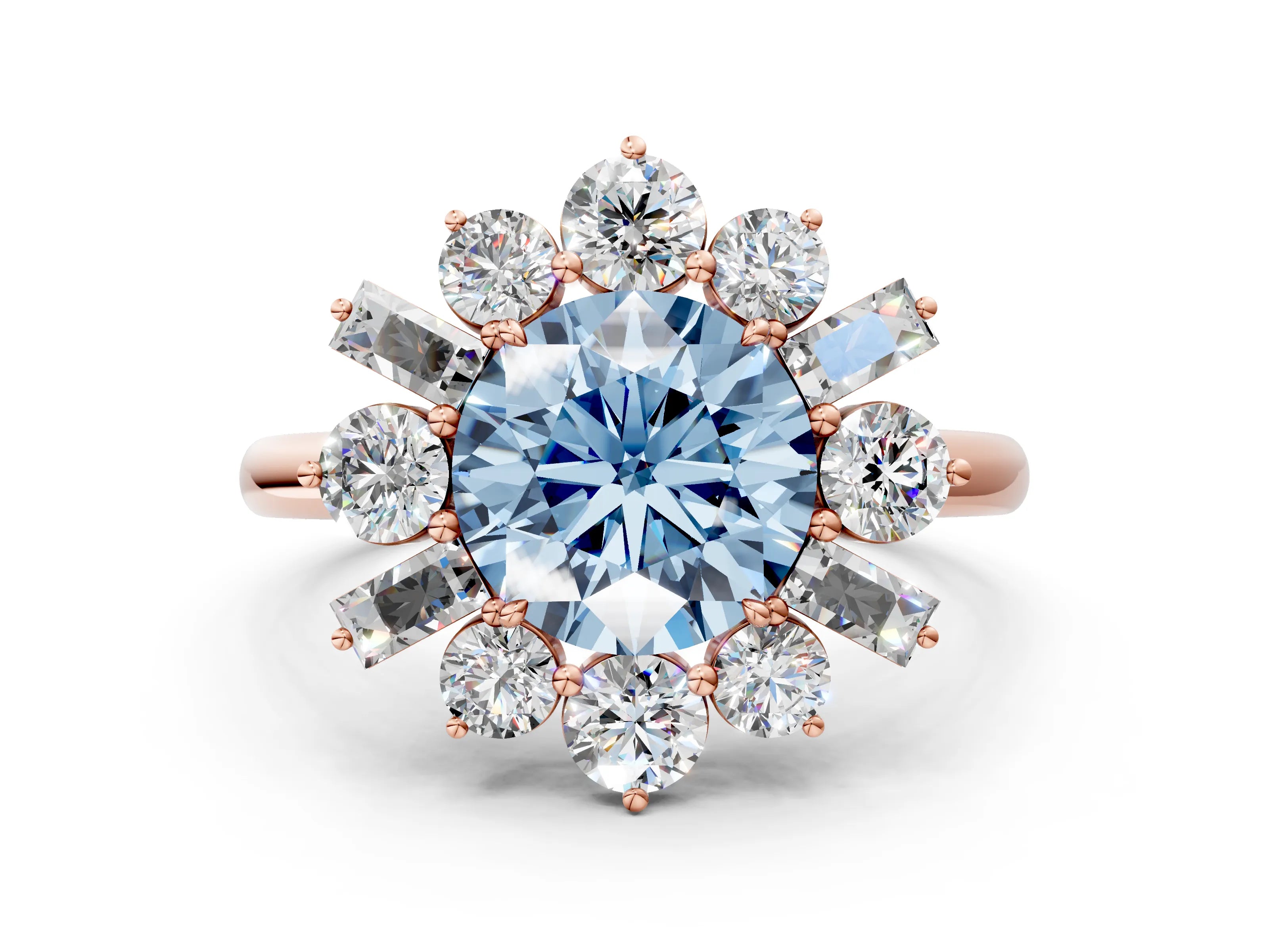 Rose gold Fancy Blue Round Cut Diamond Cluster Ring with Round and Baguette Stones, Split Shank Band, Prong Setting
