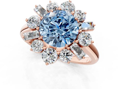 Rose gold Fancy Blue Round Cut Diamond Cluster Ring with Round and Baguette Stones, Split Shank Band, Prong Setting_1