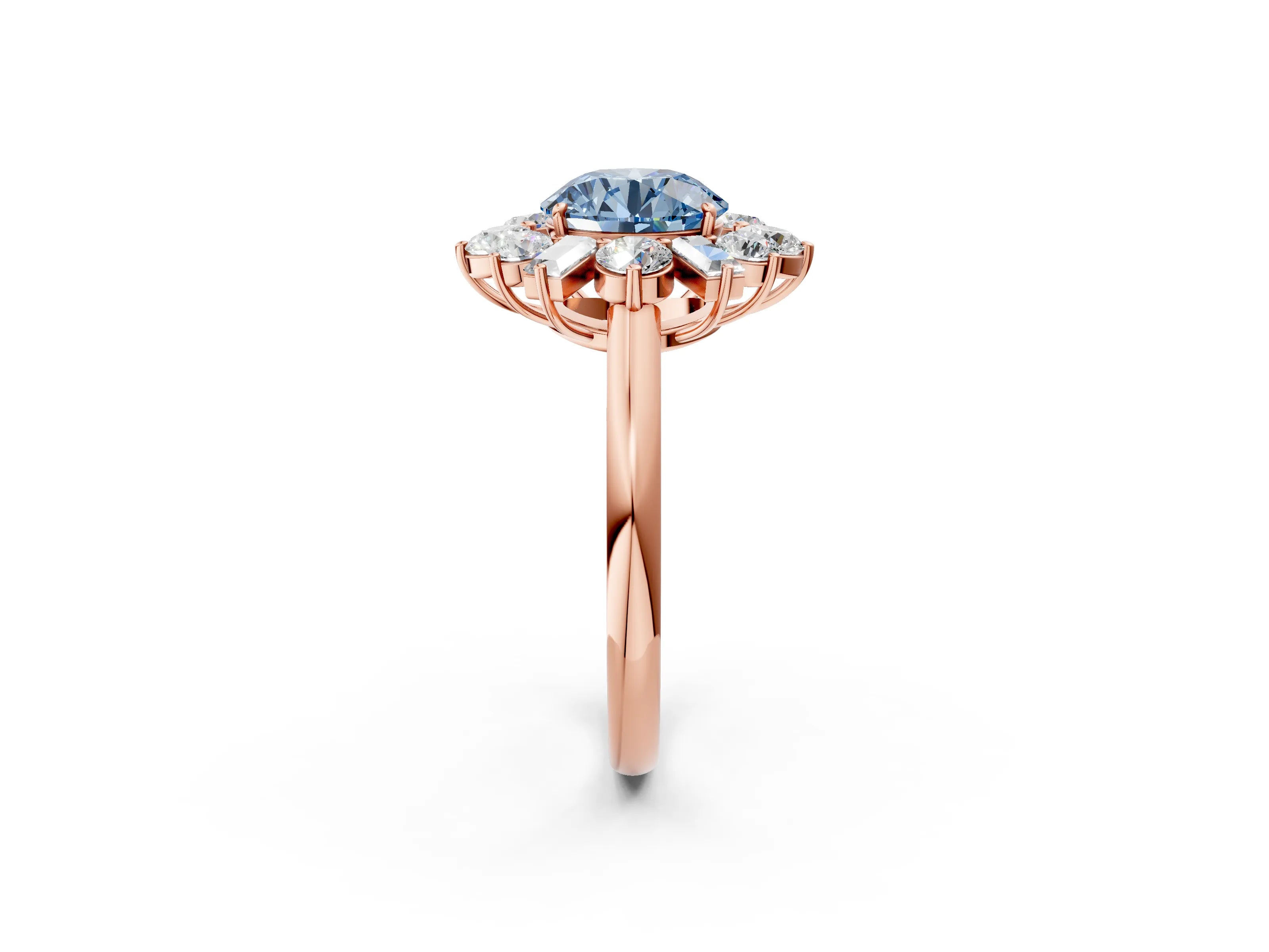 Rose gold Fancy Blue Round Cut Diamond Cluster Ring with Round and Baguette Stones, Split Shank Band, Prong Setting_2